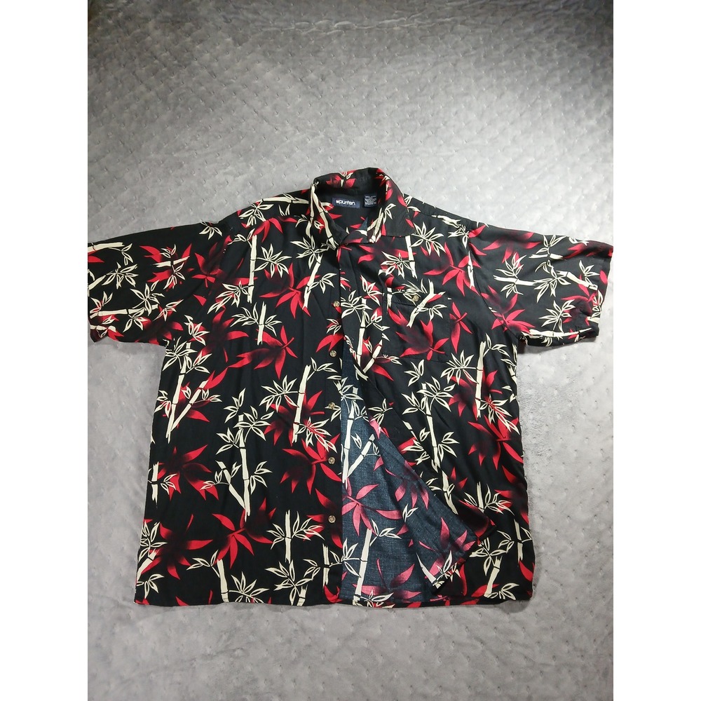 Puritan Mens Large Black Red Bamboo Tropical Rayon ShortSleeve Button Down Shirt - Picture 1 of 6